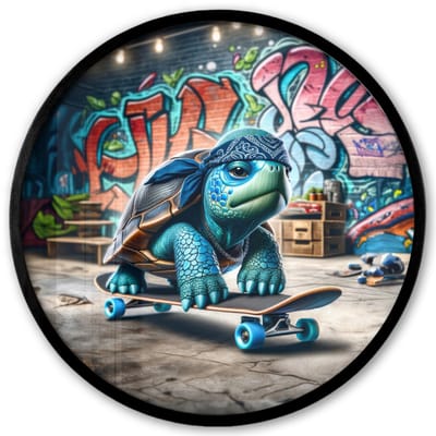 Poster in lijst Rond - Fotolijst 40x40 cm - Posters - Schildpad - Graffiti - Skateboard - Jongens - Ronde posterlijst zwart - Decoratie - Wanddecoratie woonkamer - Muurdecoratie slaapkamer