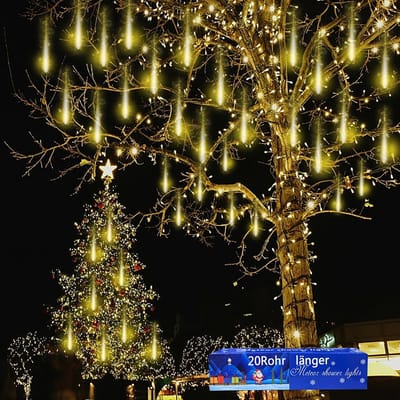Kerstboomlichtsnoer: 20 buizen, meteorendouche lichtketting, gelijkwaardig aan 2 sets van 10 buizen, waterdichte lichtketting voor Kerstmis, Halloween, boom, kerstdecoratie buiten, warm wit