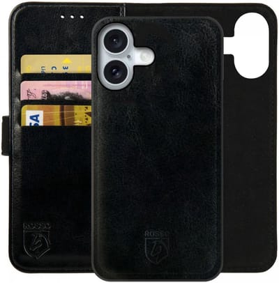 Rosso Element Geschikt voor Apple iPhone 16 | Uitneembaar 2-in-1 Hoesje | Luxe Portemonnee | Back Cover en Book Case | Pasjeshouder | Zwart