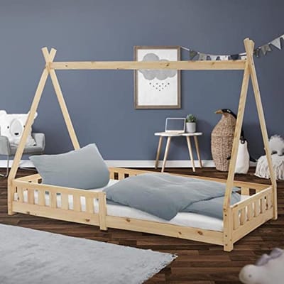Kinderbed Tipi 90x200 cm - Natuurlijke Houten Kinderbed met Valbeveiliging