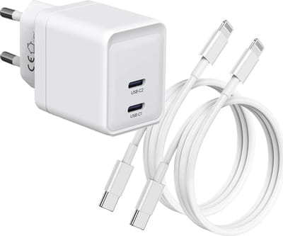 Oplader set geschikt voor iPhone 11 12 13 14 15 16 17 - 2x usb C naar Lightning Kabel 2 Meter Kunststof - Usb C Adapter 35w GaN - Usb C Oplader 2 Poorten - Power Delivery PPS