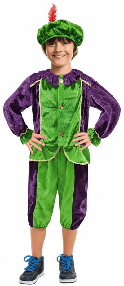 3-delig Pietenpak Pietenkostuum Unisex - Groen-Paars - Maat 4-6 jaar