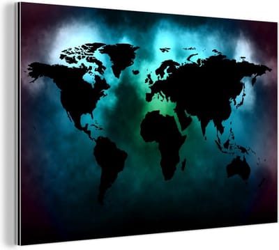 Wanddecoratie Metaal - Aluminium Schilderij Industrieel - Wereldkaart - Zwart - Groen - 120x80 cm - Dibond - Foto op aluminium - Industriële muurdecoratie - Voor de woonkamer/slaapkamer