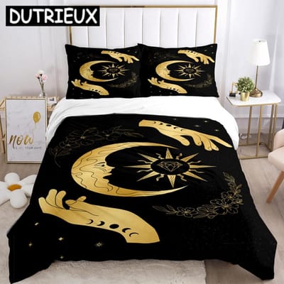 Magische Astrologie Esoterische Gouden Print Driedelige Beddengoedset Modeartikel Kinderen of Volwassenen Voor Bedden Dekbedovertrekken Kussenslopen EU single(135x200cm)