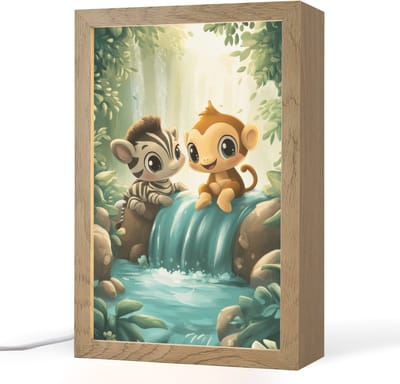 Nachtlampje 20x30 cm - Kinder lampje - Zebra - Aap - Cartoon - Waterval - Tafellamp kinderkamer - Slaapkamer lamp - Bedlamp kinderen - Kinderlampje stopcontact - Wandlamp babykamer - Nachtlampjes