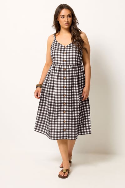 Yours Chocoladebruine Gingham Linnen Jurk Size 42