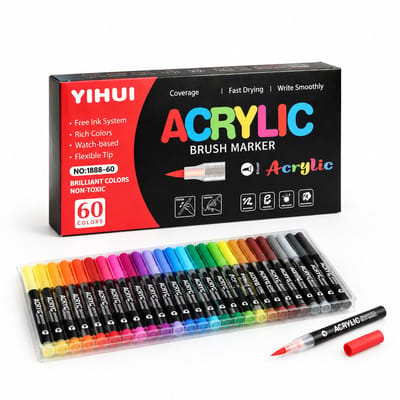 Acrylmarker set met vloeibare inkt - 60 kleuren - zachte punt - geschenkdoos