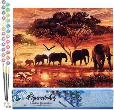 Figured'Art Schilderen op Nummer Volwassenen canvas Olifanten bij zonsondergang - Handwerk acrylverf Kit DIY Compleet - 40x50cm zonder frame