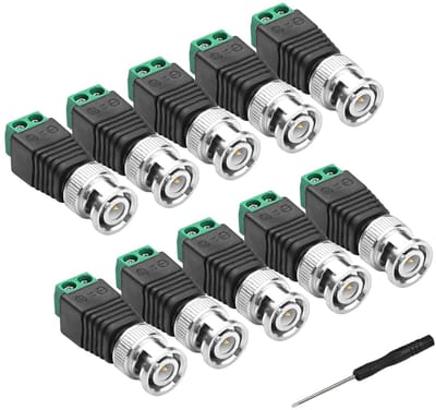 BNC Male Balun Plug, 10 Stuks BNC naar Cat5e Adapter voor Coax en CCTV Beveiligingsmonitoring, Solderless Aansluiting met 2 Schroefterminals