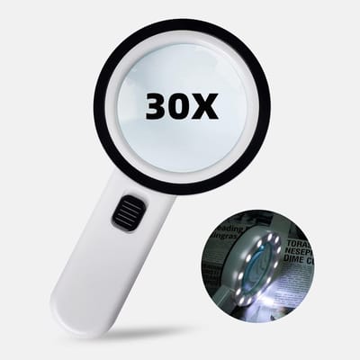 Verlichte loep, 30x handloep, 12 LED verlichte loep voor ouderen met slechtziendheid, maculadegeneratie, lassen, inspectie, munten, sieraden, exploratie