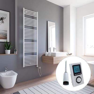 Schulte TURBO - elektrische designradiator - 60x170cm - wit - handdoekdroger - digitale remote aansluiting rechts - 600 Watt