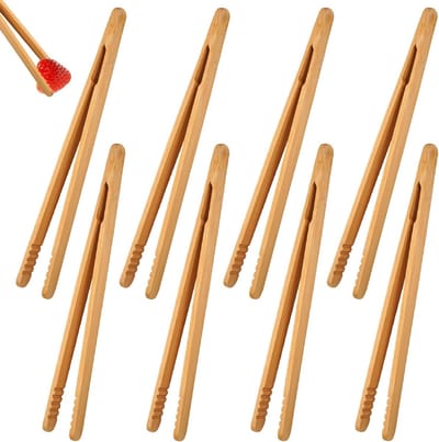 Set van 8 Herbruikbare Bamboe Tangen van 18 cm - Ideaal voor Koken, Grillen en Serveren van Voedsel zoals Kaas, Spek en Salades