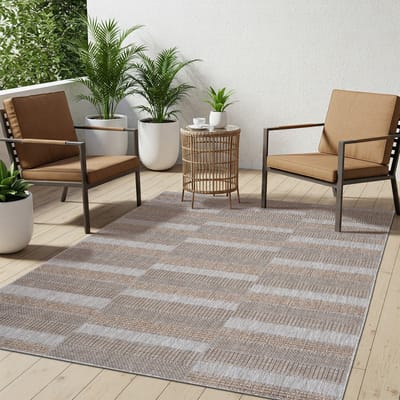 Tapiso Melissa Buitenkleed Buitentapijt Lichtgrijs Bruin Vloerkleed Binnen Buiten Kleed Tapijt Maat- 60x200