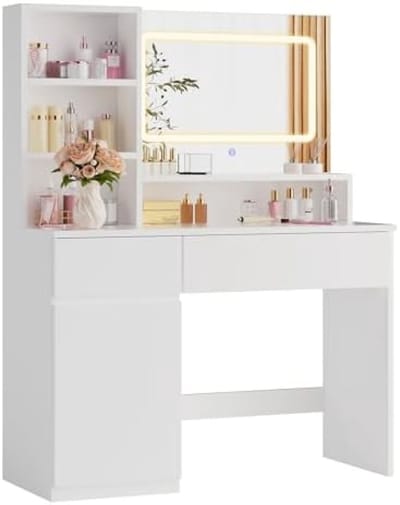 Make-uptafel met grote LED-spiegel, 3 lichtmodi, instelbare helderheid, 2 laden en kast - Witte make-up bureau met opbergruimte en verlichting voor slaapkamer of badkamer