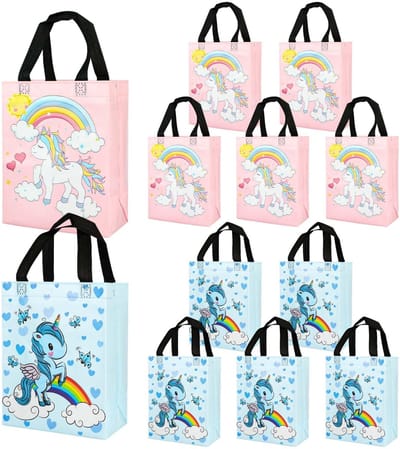 Dailygoods- Feesttassen 12 Stuks - Unicorn Design - Stevige Tasjes - Goodiebag - Herbruikbaar - Ruimte 20x25x10 cm - Goodiebags