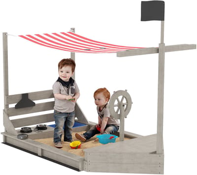 ECTEATOY® Zandbak Piratenschip met Speelkeuken & Zonnedak - Inclusief Accessoires en Opbergruimte - 180x103x144,5 cm - Grijs