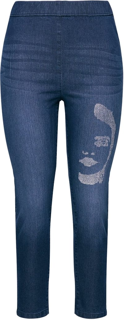 MIAMODA - Dames - Jeggings Slim Fit met glittersteentjes-gezicht - Donkerblauw denim - Maat 46