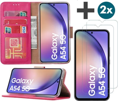 Samsung Galaxy A54 (5G) hoesje - bookcase met pasjeshouder + 2x Screenprotector tempered glass - Roze