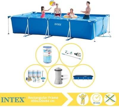 Intex Rechthoekig Frame Zwembad - 450 x 220 x 84 cm - Blauw - Inclusief Afdekzeil - Onderhoudspakket - Zwembadfilterpomp - Filter - Stofzuiger - 6-delig