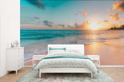 Behang - Fotobehang Zonsondergang - Strand - Zee - Zomer - Blauw - Breedte 385 cm x hoogte 240 cm