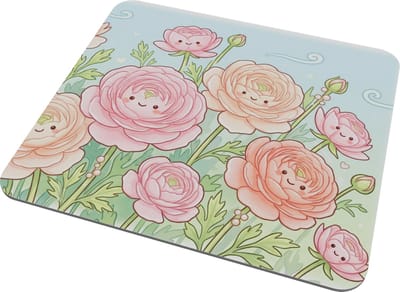 Muismat Bloemen met Gezichtjes Kawaii Illustratie - Roze Ranunculus Ranonkel Mousepad Botanisch Design - Schattige Natuur Bureau Accessoire voor haar: Vriendin & Collega - Pastel Groene Achtergrond - Fleurige Kantoor Decoratie voor Vrouwen