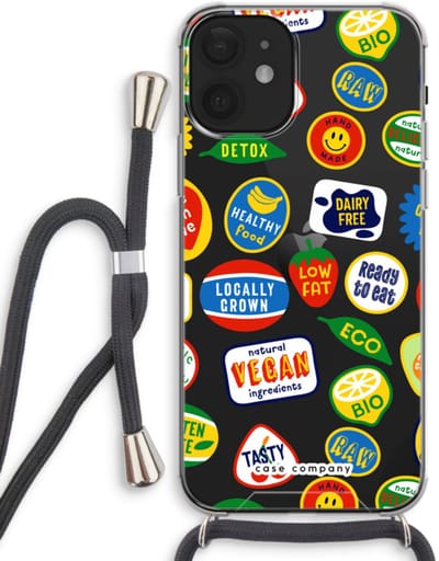 Case Company® - Hoesje met koord geschikt voor iPhone 12 hoesje met Koord - Fruitsticker - Telefoonhoesje met Zwart Koord - Bescherming aan alle Kanten en Over de Schermrand