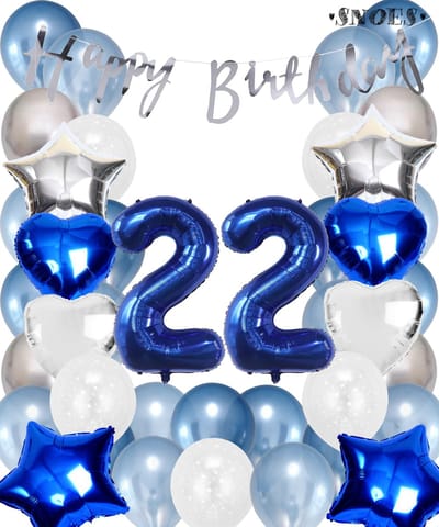 Snoes Ballonnen 22 Jaar Set Mega Blauw Zilver Ballon - Compleet Feestpakket Cijferballon 22 Jaar - Verjaardag Versiering Slinger Happy Birthday – Folieballon – Latex Ballonnen - Helium Ballonnen