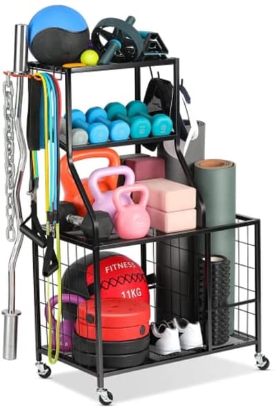 Multifunctioneel Gewichtsrek voor Thuis Gym - Opbergrek voor Kettlebells, Dumbbells en Yogamatten met Wielen en Haken