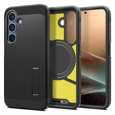 Spigen Tough Armor Hoesje Geschikt voor Samsung Galaxy S25 | Compatibel met MagSafe en Qi2 | Back Cover Militaire Standaard | Kickstand | Zwart