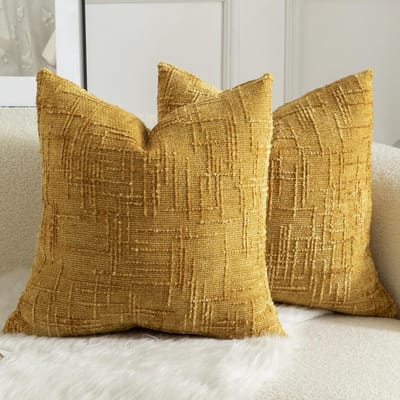 Set van 2 zachte chenille getextureerde sierkussenslopen, vierkant accent, effen decoratieve kussenhoezen, gezellige boerderij kussensloop voor bank slaapbank woonkamer 66 x 66 cm gember