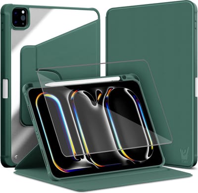 Hoes met Screenprotector geschikt voor iPad Pro 11 inch 2024 - Book Case Premium Sleep Cover Kunstleer 360 Graden Draaibaar met Auto/Wake Functie en Pencilhouder - Groen