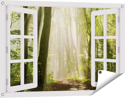 Gards Tuinposter Doorkijk Bos met Bomen en Zonneschijn - 90x60 cm - Tuindoek - Tuindecoratie - Wanddecoratie buiten - Tuinschilderij