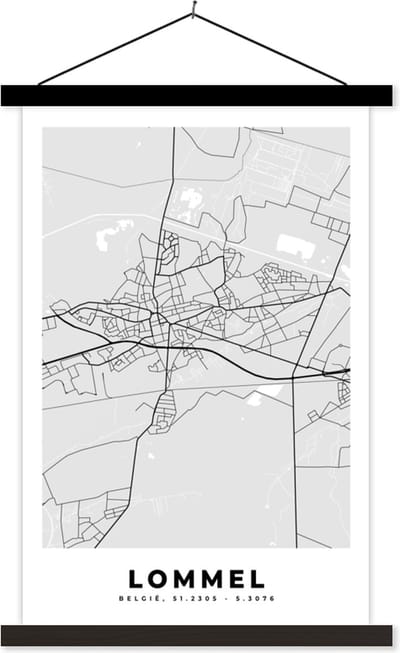 Posterhanger incl. Poster 40x60 cm - Schoolplaat - Zwart Wit – België – Plattegrond – Stadskaart – Kaart – Lommel - Textielposter - Zwarte latten - Stadskaart