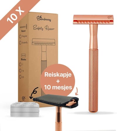 Bamboozy Safety Razor + 10 scheermesjes + Reiskapje Rose Gold Goud voor vrouwen dames Double Edge Single Blade Zero Waste Scheren