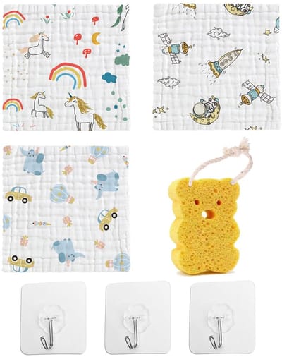 Dailygoods - Set van 3 Katoenen Babywashandjes met Badspons