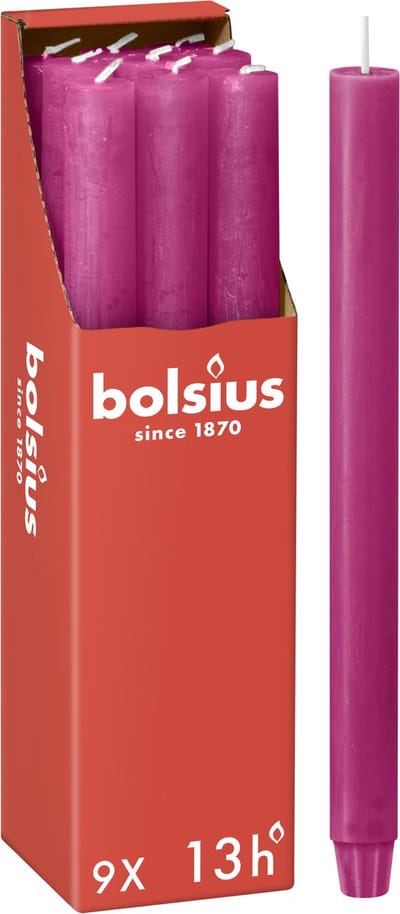 Bolsius - Rustieke Dinerkaarsen - Fuchsia Roze - 9 stuks - 13 branduren - 27cm