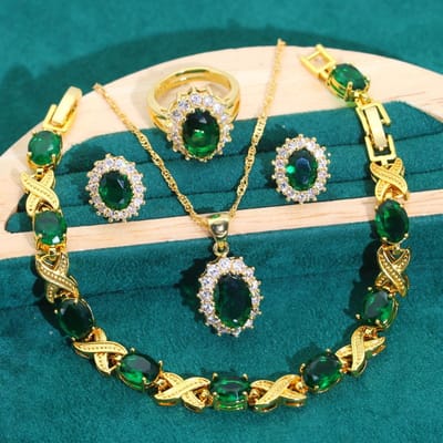 Europese en N Mode Klassieke Zirconia Ketting Oorbellen Armband Ring Set Smaragd Set Ketting Bruidsjurk 9 yards