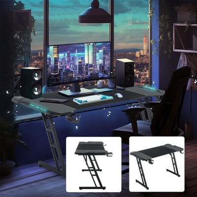 Froadp 140 x 60 cm Gamingtafel LED-gamingbureau Stabiele computertafel PC-tafel Zwart met bekerhouder & koolstofvezelcoating 2 kabelopeningen Gamerstafel Gaming-bureautafel met LED