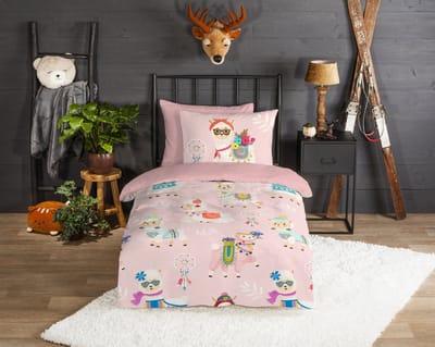 Good Morning dekbedovertrek lamas - 1 persoons 140x200/220 cm - Roze - 100% Katoen flanel