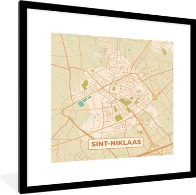 Fotolijst incl. Poster - België - Sint-Niklaas - Kaart - Stadskaart - Plattegrond - 40x40 cm - Posterlijst