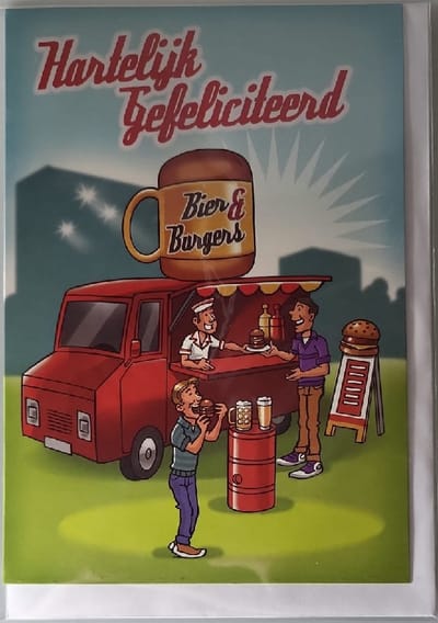 Hartelijk gefeliciteerd! Een grappige kaart voor mensen die van een biertje houden en burgers. Hier is altijd wat lekkers te halen! Een dubbele wenskaart inclusief envelop en in folie verpakt.