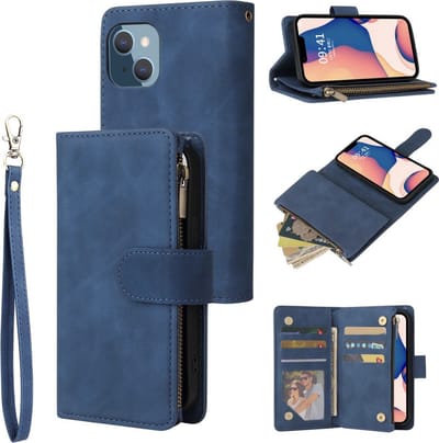 YPCd Wallet Case Pasjeshouder met Rits – Geschikt voor Apple iPhone 15 Plus – Luxe Bookcase Hoesje met 6 Pasjesvakken & Polsbandje – Blauw