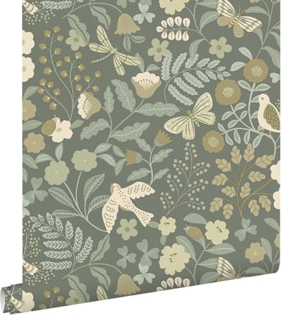 ESTAhome behang bloemen en vogels vergrijsd groen - 50 x 900 cm - 131465