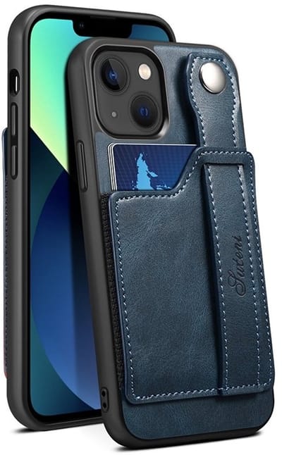 geschikt voor iPhone 15 Plus Pashouder Hoesje Retro Design - Vakje voor pasjes en slimme standaard - geschikt voor iPhone 15 Plus Portemonnee Hoesje - Vintage Backcover geschikt voor iPhone 15 Plus Wallet Case blauw
