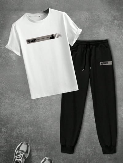 Modieuze en Comfortabele Heren Set met Wit T-shirt en Zwarte Joggingbroek met 'Future' Print voor Stijlvolle Vrijetijdskleding - L-XL