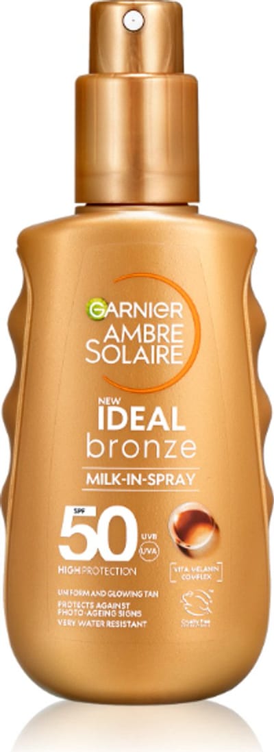 Garnier Ambre Solaire Ideal Bronze Milk-in-Spray SPF 50 – Zonnebrandspray 150 ml – Zeer Hoge UVA/UVB Bescherming – Hydraterende Zonnespray