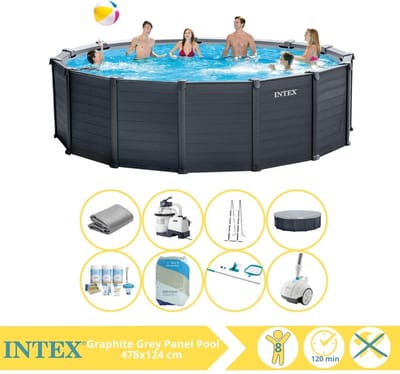 Intex Graphite Gray Panel Zwembad - Opzetzwembad - 478x124 cm - Inclusief Onderhoudspakket, Filterzand, Onderhoudsset en Zwembad Stofzuiger