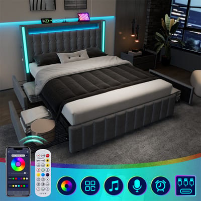 YEHTOKHOME Gestoffeerd bed 140x200 cm - USB type C lader - LED-verlichting - 2 lades, jeugdbed eenpersoonsbed opbergbed - houten lattenbodem - linnen - grijs (zonder matras)