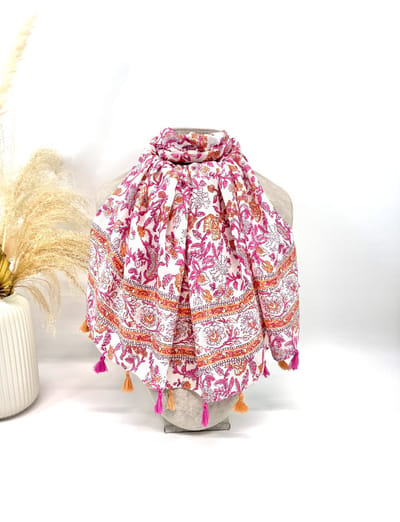 Lange dames sjaal Suze-gebloemd motief-fuchsia wit roze oranje