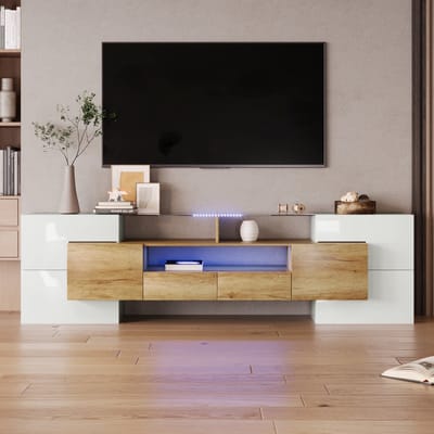 Sweiko TV-kast - Hoogglans - 2 lades - LED-verlichting - Glazen blad - Wit + Natuurlijk